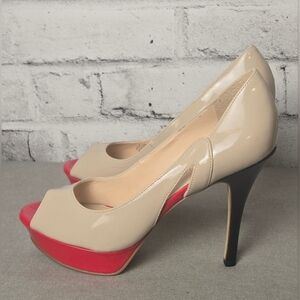 Marc Fisher Nude Red Black Peep Toe Platform Stilettos Patent Heels Size 7.5